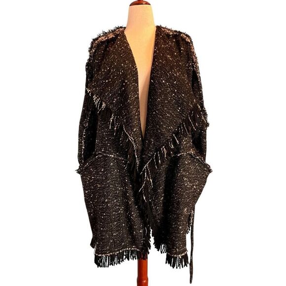 Free People UO Fringe Trim Open Front Coat Jacket Lined Self-Tie Belt M Black - Picture 2 of 10